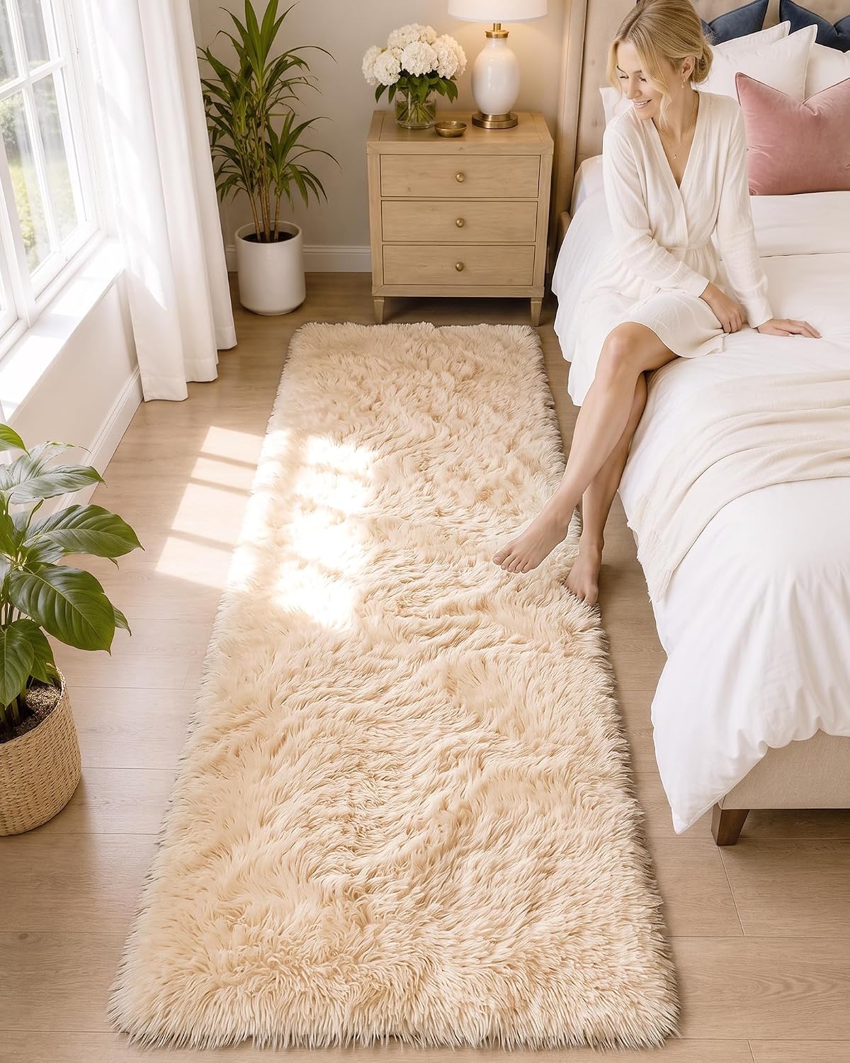 OLANLY Beige Round Rugs for Bedroom - Machine Washable, 4 ft Circle Area Rugs for Living Room, Soft and Fluffy Shaggy Carpet for Teen Girls and Boys, Nursery Rooms, Dorms, Home Decor Aesthetic