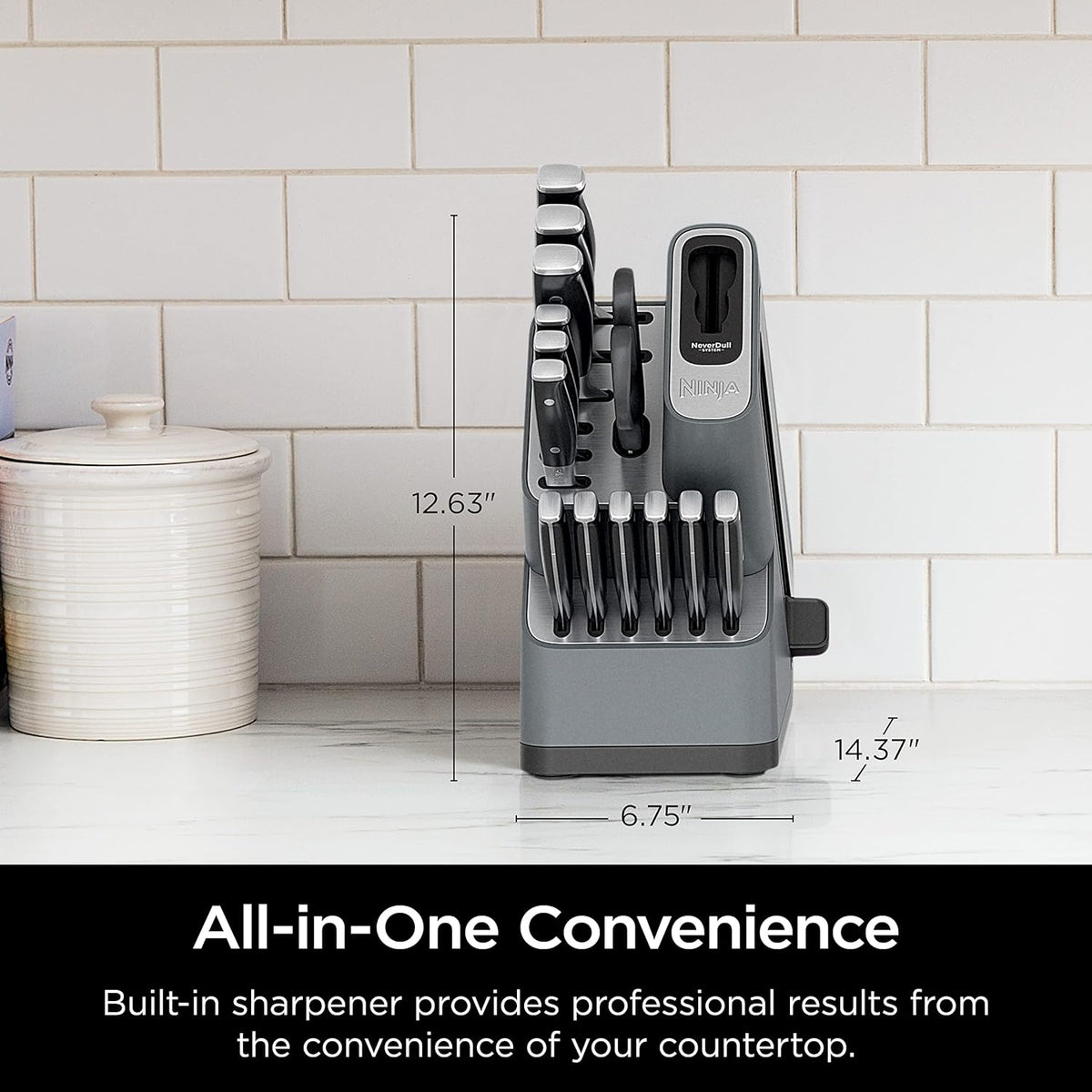 Ninja® Never Dull™ 14-Pc Knife System, Built-in Sharpener, Black, K32014 | Stays razor-sharp 10+ years. German stainless steel blades. A few swipes of the foolproof sharpener restores a superior edge.