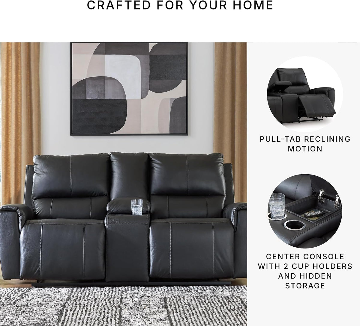 Signature Design by Ashley Leather Reclining Loveseat with Console, Black | Combination of leather and faux leather, Dual manual pull-tabs, Integrated center storage, Glassmere Series
