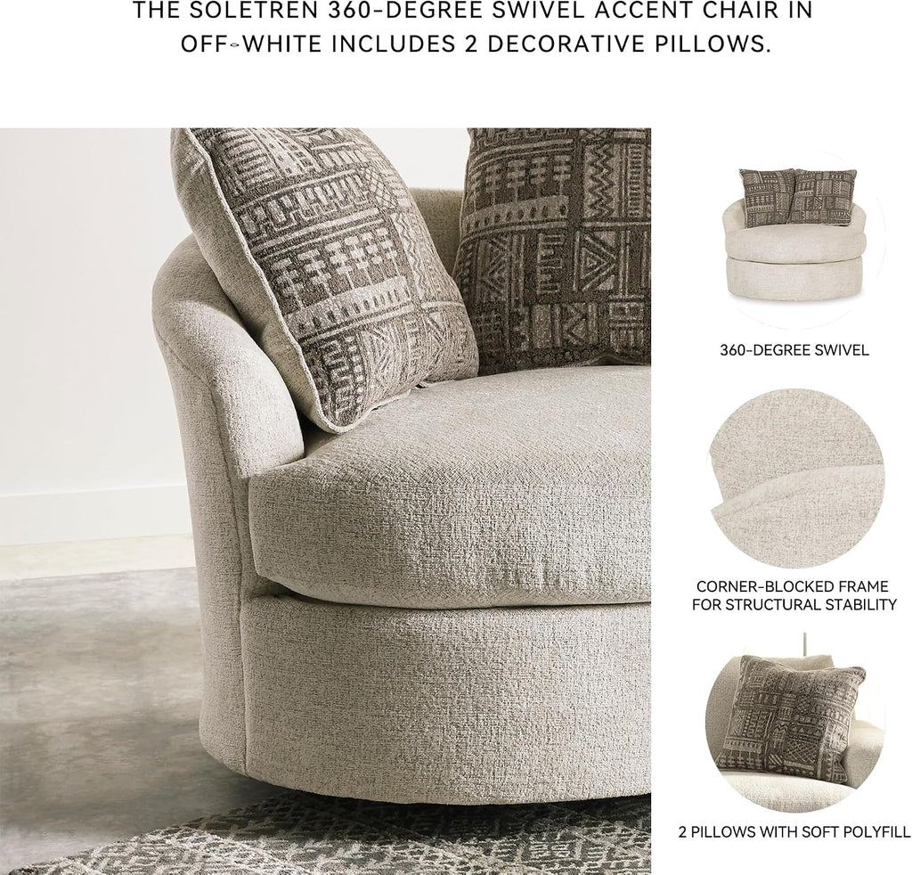 Signature Design by Ashley Soletren Oversized Swivel Accent Chair, Stone | Cozy 100% polyester chenille, Smooth 360-degree swivel base, Includes 2 geometric throw pillows