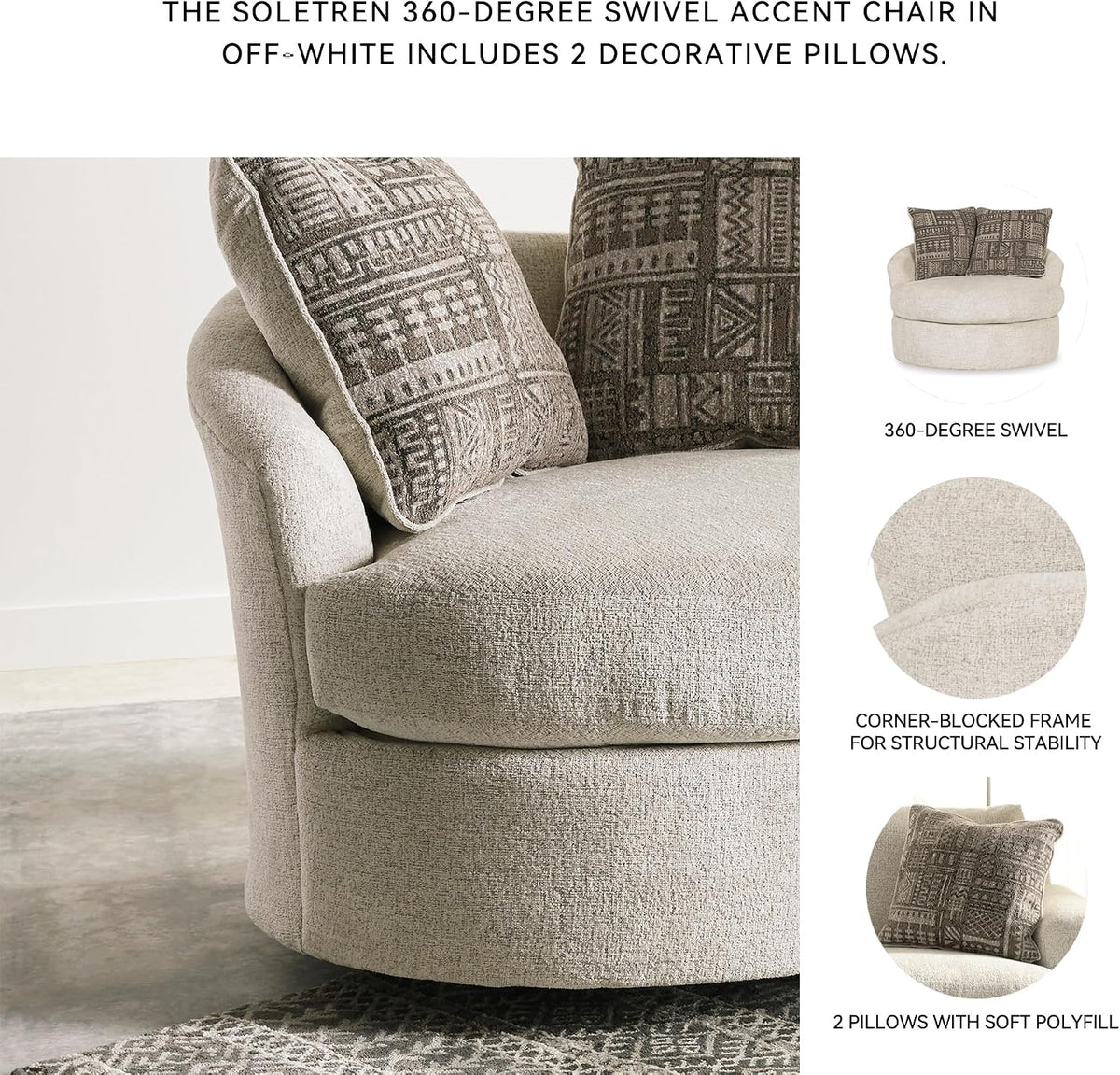 Signature Design by Ashley Soletren Oversized Swivel Accent Chair, Stone | Cozy 100% polyester chenille, Smooth 360-degree swivel base, Includes 2 geometric throw pillows