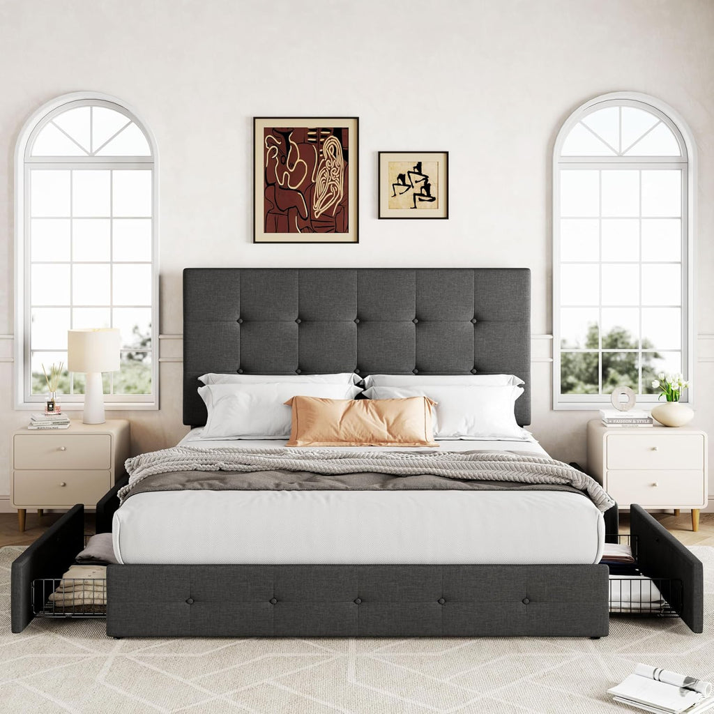 Allewie Queen Size Storage Bed Frame with 4 Underbed Drawers, Upholstered Platform Bed with Adjustable Headboard, Square Button Tufted, Easy Assembly, Noise-Free, No Box Spring Needed, Dark Grey