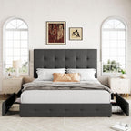 Allewie Queen Size Storage Bed Frame with 4 Underbed Drawers, Upholstered Platform Bed with Adjustable Headboard, Square Button Tufted, Easy Assembly, Noise-Free, No Box Spring Needed, Dark Grey