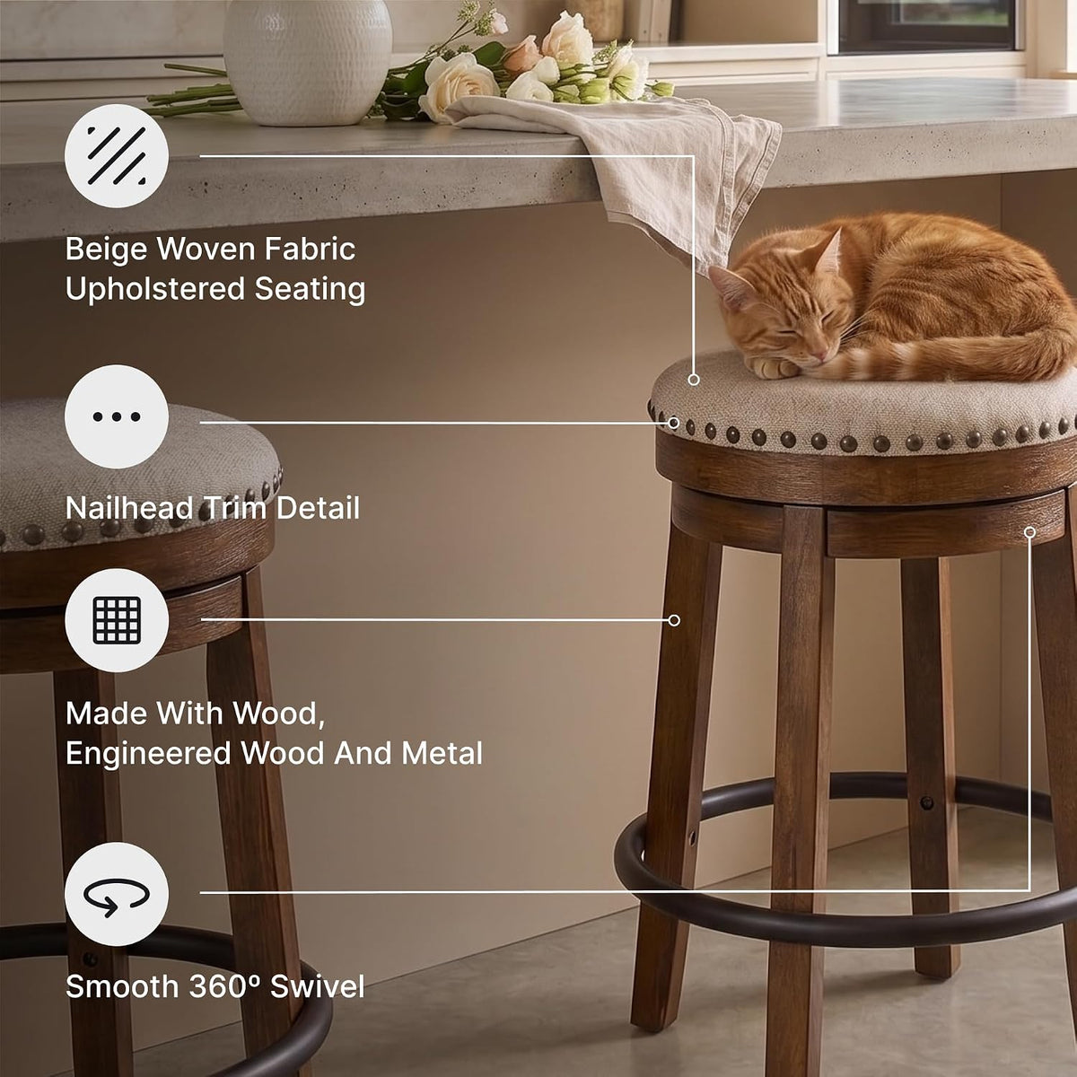 Signature Design by Ashley Valebeck Swivel Counter Height Bar Stool, 24 in | Backless cushioned seat, 360-degree swivel, Dark brown wood & black metal base, Kitchen island seating, Rustic style