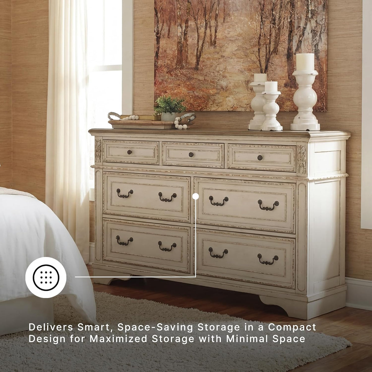 Signature Design by Ashley 7 Drawer Dresser for Bedroom, Two-Tone White | French country aesthetic with distressed wood top, Smooth-gliding dovetail joints and bronze-tone hardware, Realyn Series