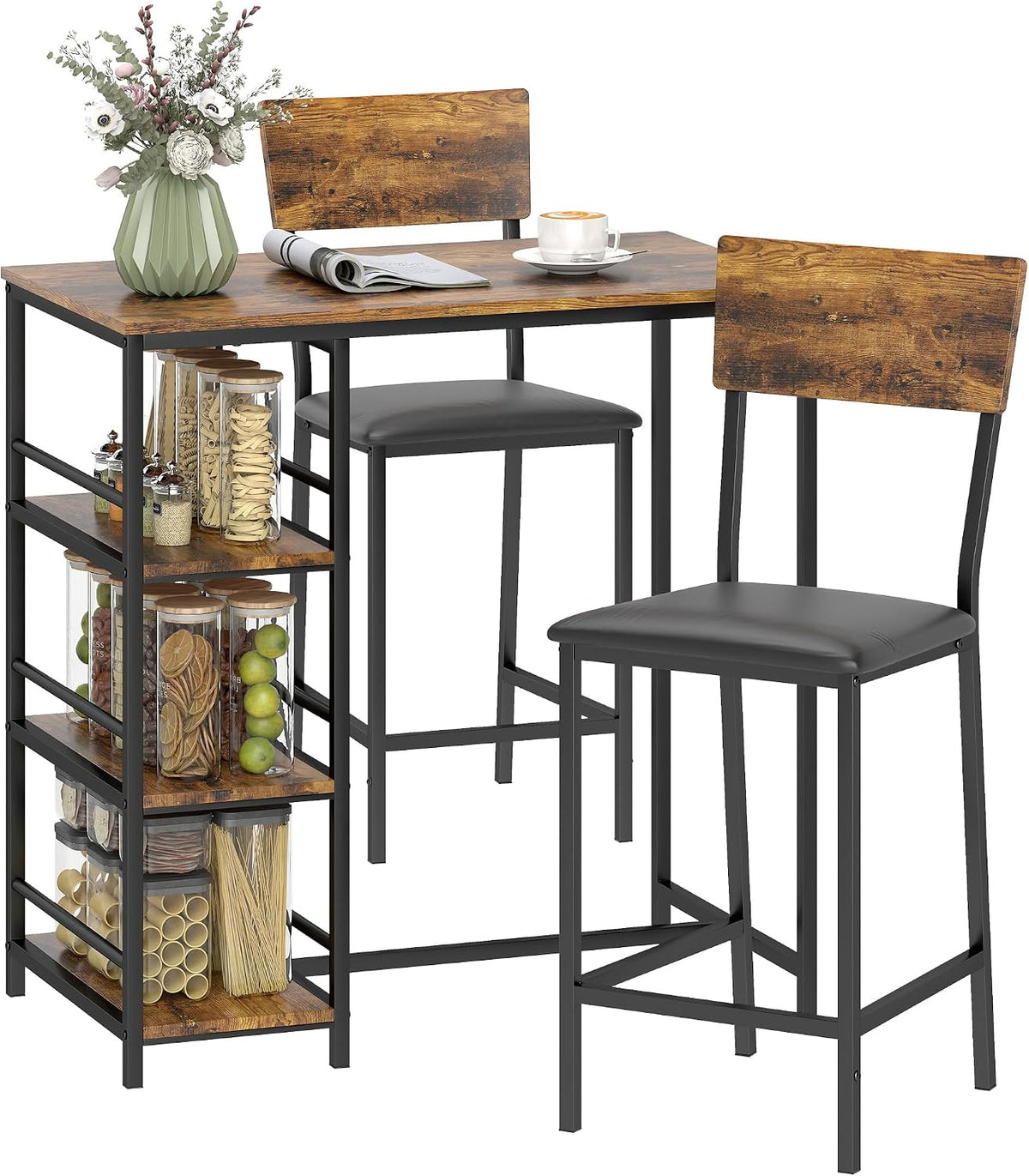 HOMCOM 3 Piece Breakfast Bar Table Set with Stools for 2 Rustic Brown