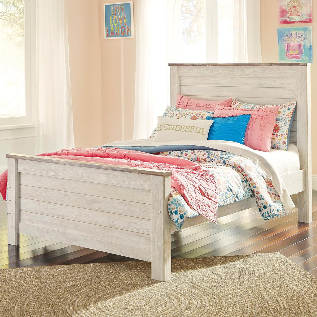 Signature Design by Ashley Coastal Wood Full Panel Bed, Whitewash | Durable engineered wood construction, Rustic whitewash finish, Includes headboard, footboard, and rails, Willowton Series