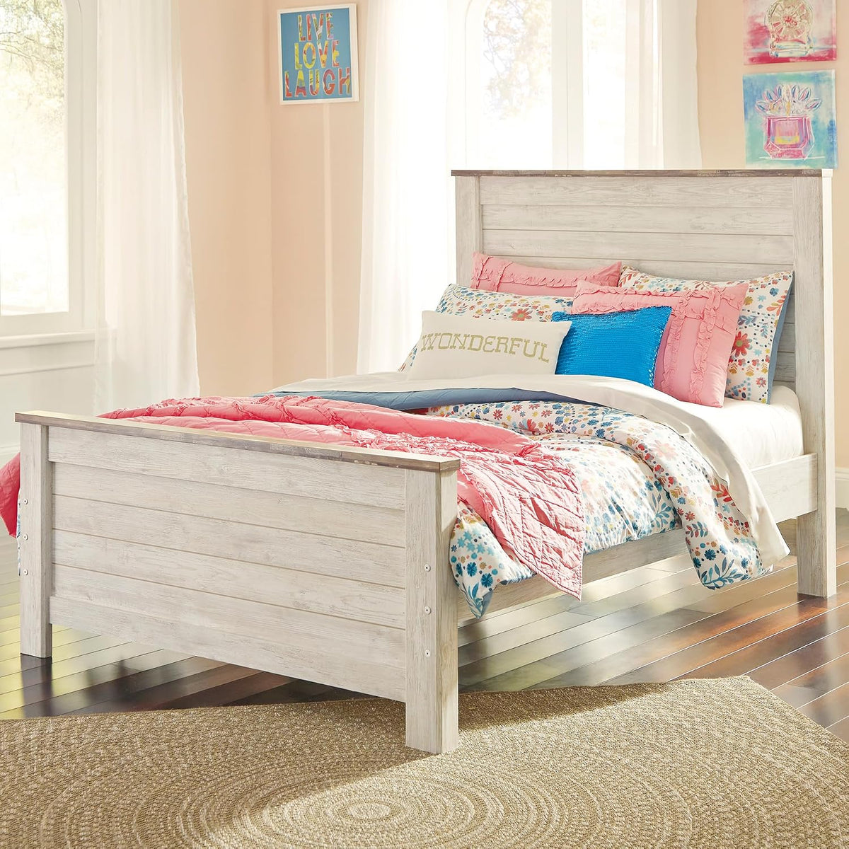Signature Design by Ashley Coastal Wood Full Panel Bed, Whitewash | Durable engineered wood construction, Rustic whitewash finish, Includes headboard, footboard, and rails, Willowton Series