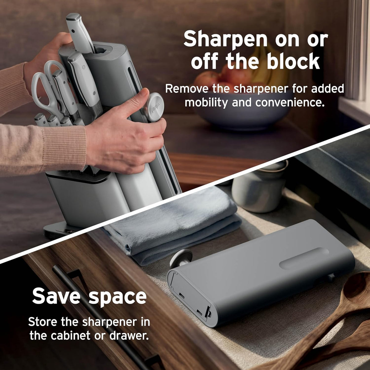 Ninja® NeverDull® 10-Pc German Steel Knife Set, Light Grey, NK32010GY1 | Stays razor-sharp 10+ years. Premium German steel. Removable sharpener stores in a drawer saving up to 35% more counter space
