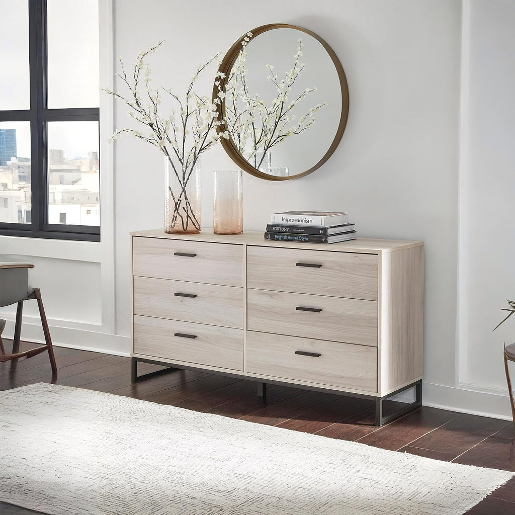 Signature Design by Ashley 6 Drawer Dresser for Bedroom, Light Natural Oak | Textured-grain engineered wood, 6 smooth-glide vinyl-wrapped drawers, Dark pewter pulls, Socalle Series