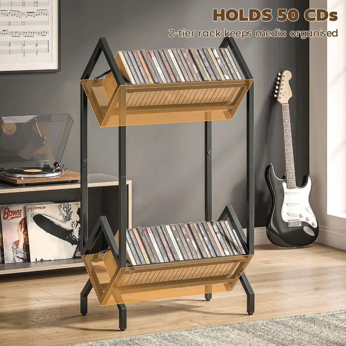 HOMCOM 50 CD Storage Rack 2-Tier Metal CD/DVD Rack Space-Saving Black
