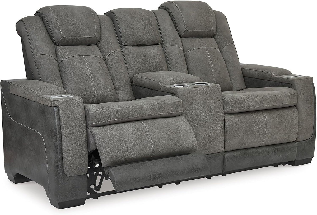 Signature Design by Ashley Power Reclining Loveseat with Console, Gray | Water-resistant faux leather, Zero-gravity recline, Easy View adjustable headrest, Wireless charging, Next-Gen Durapella