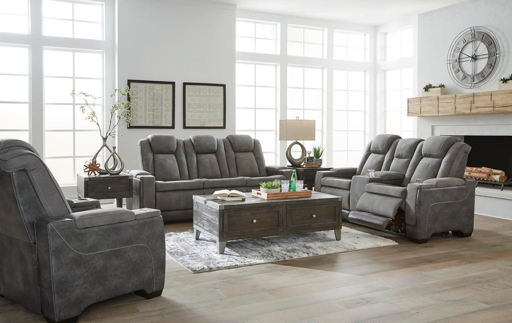Signature Design by Ashley Faux Leather Power Reclining Sofa, Slate | 15-minute assembly, Zero gravity reclining couch, Drop-down table, Wireless charging, Power headrest, Next-Gen series