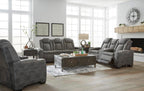 Signature Design by Ashley Faux Leather Power Reclining Sofa, Slate | 15-minute assembly, Zero gravity reclining couch, Drop-down table, Wireless charging, Power headrest, Next-Gen series