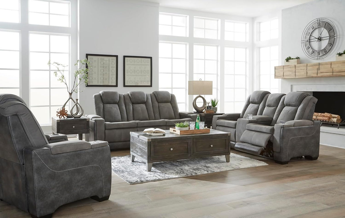 Signature Design by Ashley Faux Leather Power Reclining Sofa, Slate | 15-minute assembly, Zero gravity reclining couch, Drop-down table, Wireless charging, Power headrest, Next-Gen series