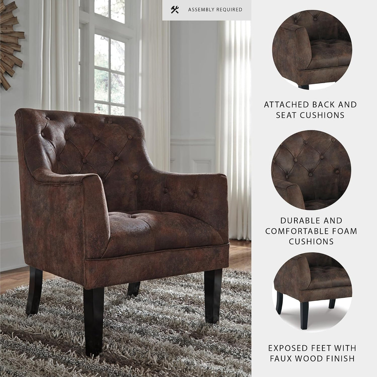 Signature Design by Ashley Drakelle Traditional Accent Chair with Diamond Button Tufting, Attached Cushions, Fabric Upholstery, 20.5" Seat Height, Dark Brown