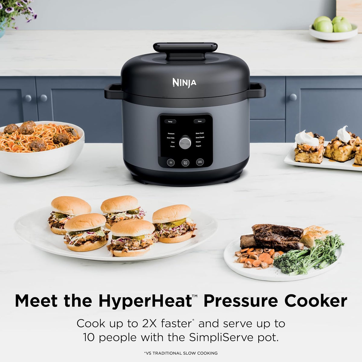 Ninja® HyperHeat™ 9-in-1 Pressure Cooker, 6.5-qt, Stone Purple, PC201SP | Cooks 2X faster, Sear, Sauté, Slow Cook, Steam & Sous Vide, 1200W, PFAS-free pot, removable SimpliServe™ pot for easy serving