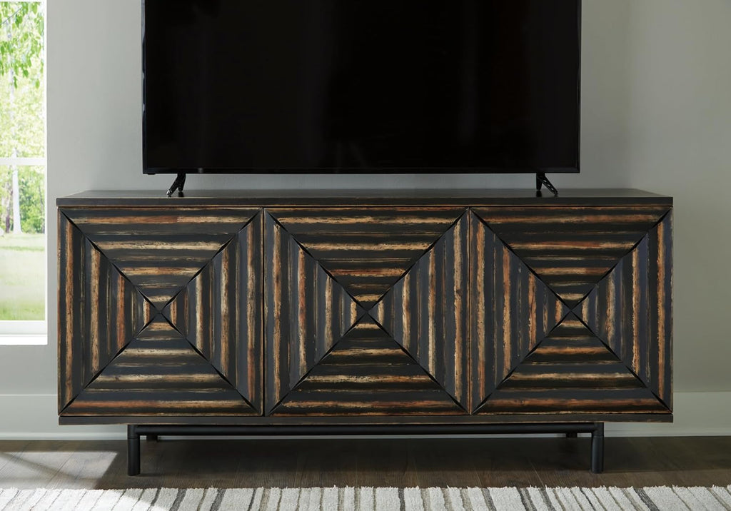 Signature Design by Ashley 72" Black Accent Cabinet Sideboard Buffet | Geometric casual credenza with adjustable shelves, Distressed black wood, veneer and engineered wood, Fair Ridge Series
