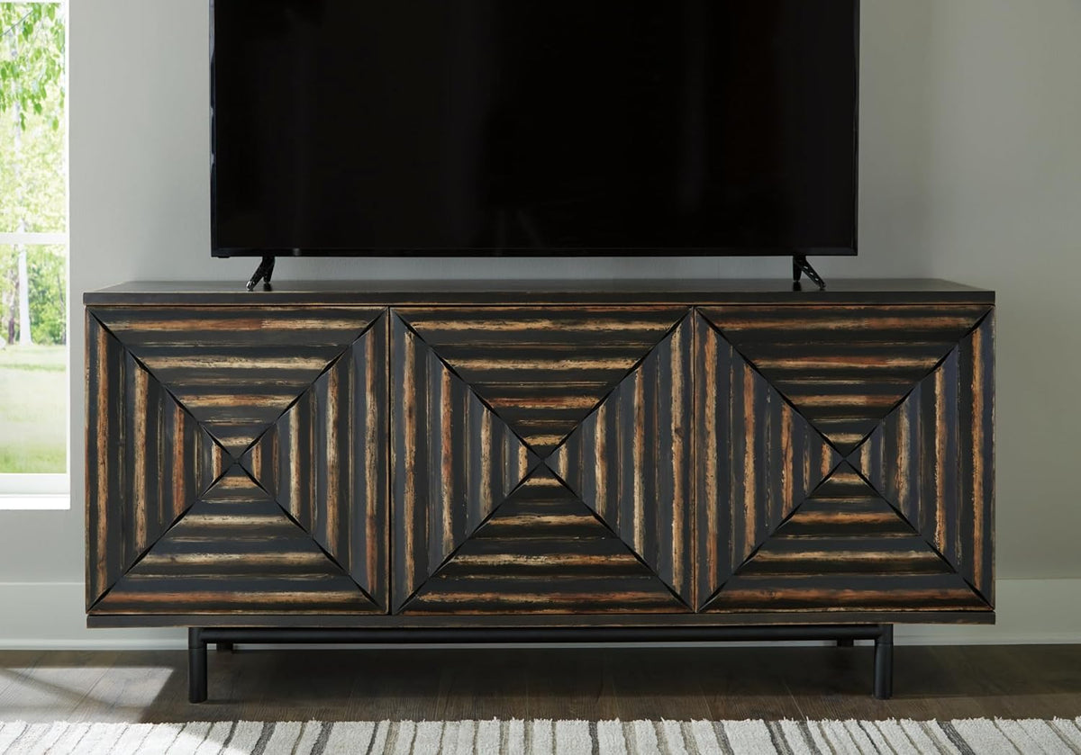 Signature Design by Ashley 72" Black Accent Cabinet Sideboard Buffet | Geometric casual credenza with adjustable shelves, Distressed black wood, veneer and engineered wood, Fair Ridge Series