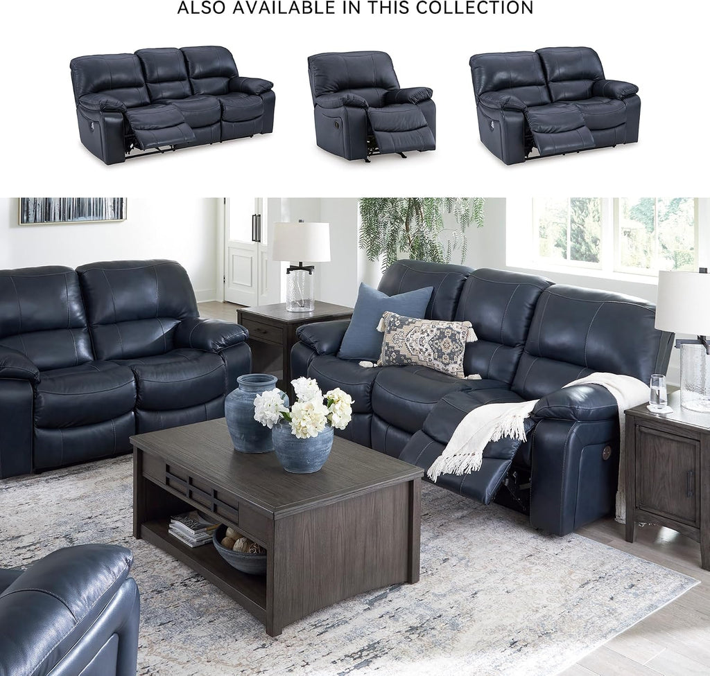 Signature Design by Ashley 3-Seat Zero Wall Power Reclining Sofa, Blue | Breathable top-grain leather, 4.5-inch wall hugger design, Integrated zero-draw USB port, Power headrest, Leesworth Series