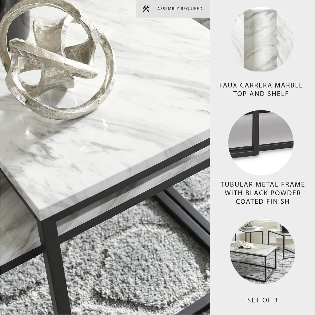 Signature Design by Ashley Donnesta 3 Piece Nesting Coffee Table Set | Space saving design, Decorative laminate over engineered wood, Faux Carrara marble pattern, Black powder coated metal