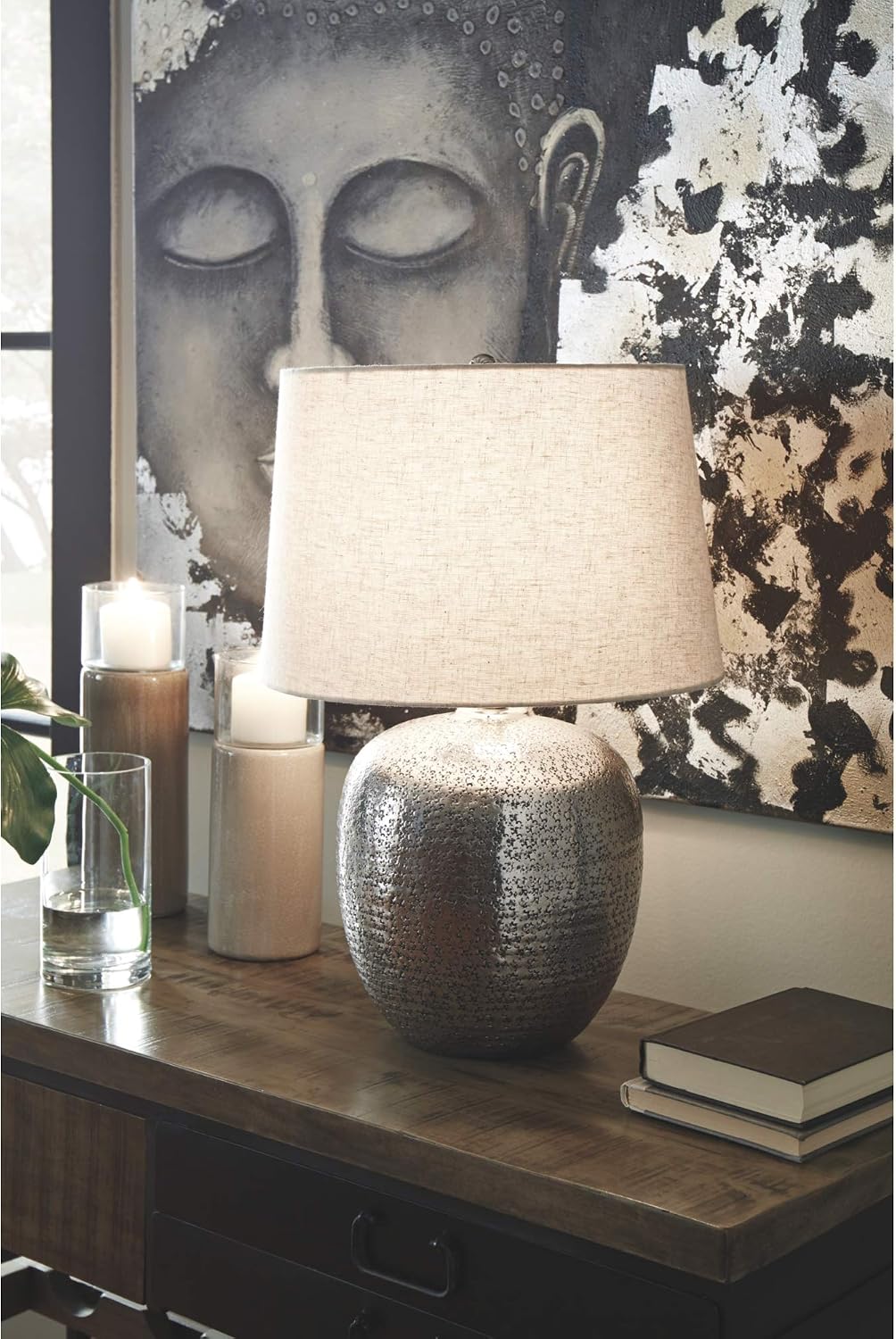 Signature Design by Ashley Magalie Metal Table Lamp, Antiqued Silver | Textured hammered aluminum base, Vintage warmth, Crisp modified drum shade, Cozy living room lighting