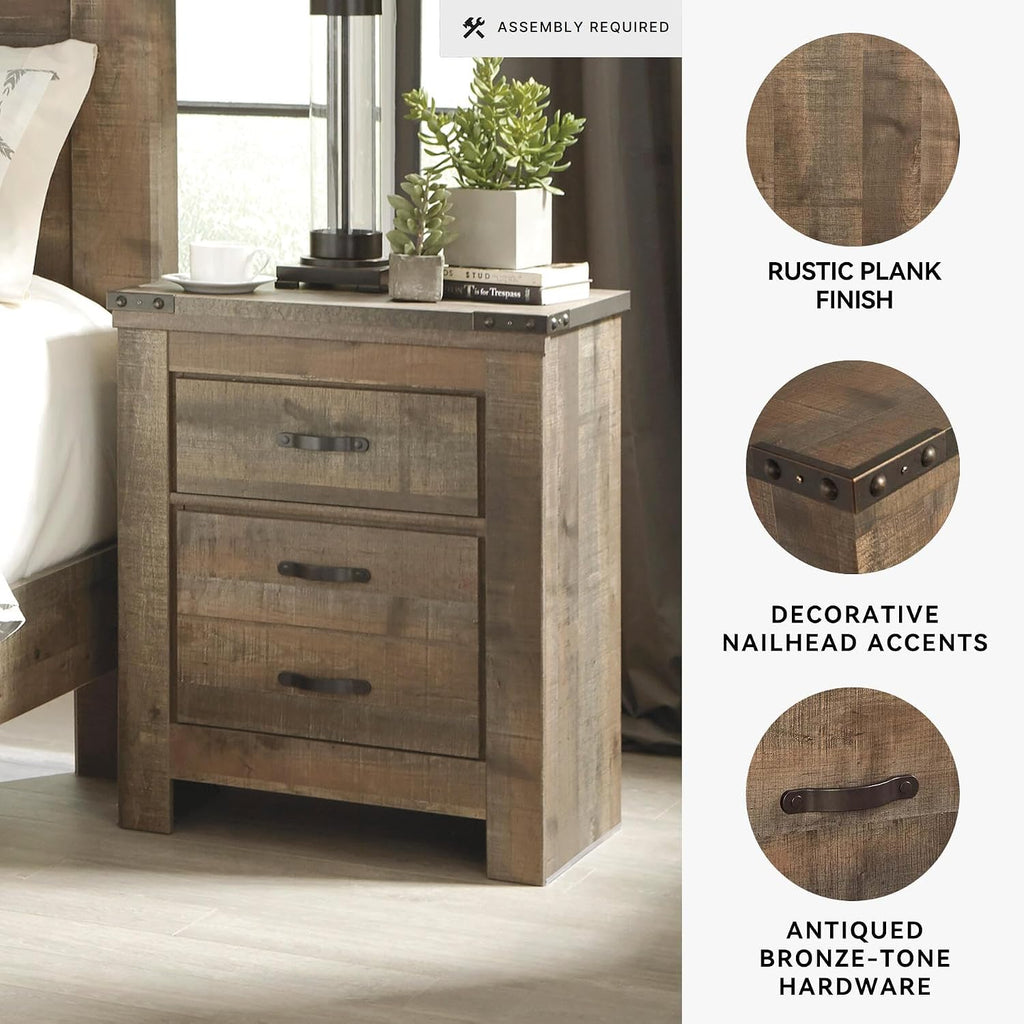 Signature Design by Ashley Trinell 2 Drawer Nightstand, Brown | Engineered wood, Integrated dual USB ports, Rustic plank finish, 25W x 17D x 30H