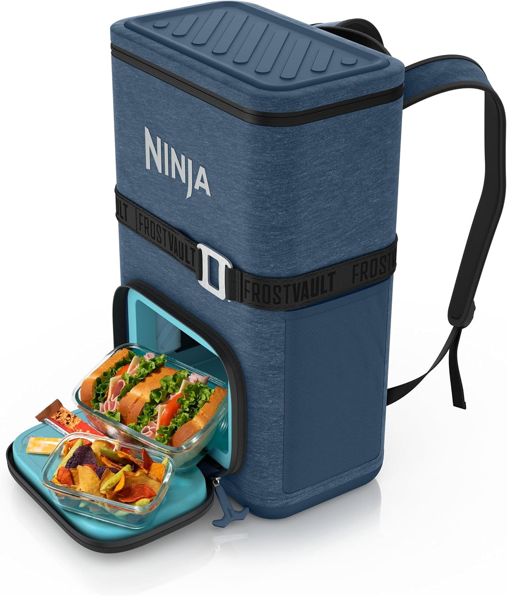 Ninja FrostVault™ Go Soft Backpack Cooler, Dry Storage, Lakeshore Blue | Ninja FrostVault Go soft cooler, stays cool for hours with a leakproof, easy-access lid, and carries like a backpack