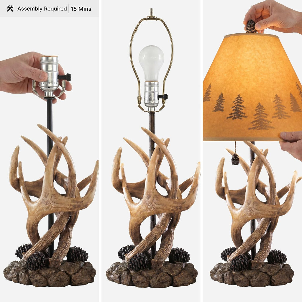 Signature Design by Ashley Derek Rustic Table Lamps, Living Room, Set of 2 | Durable poly resin antler base, Warm translucent paper silhouette shade projecting forest scenes, Rustic cabin style