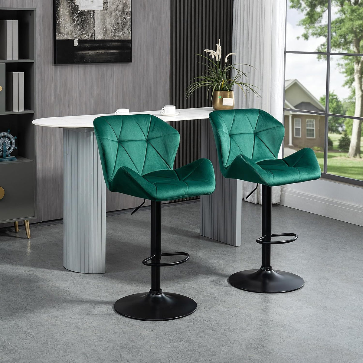 HOMCOM Bar Stools Luxurious Velvet-Touch Footrest Swivel Set Of 2 Green
