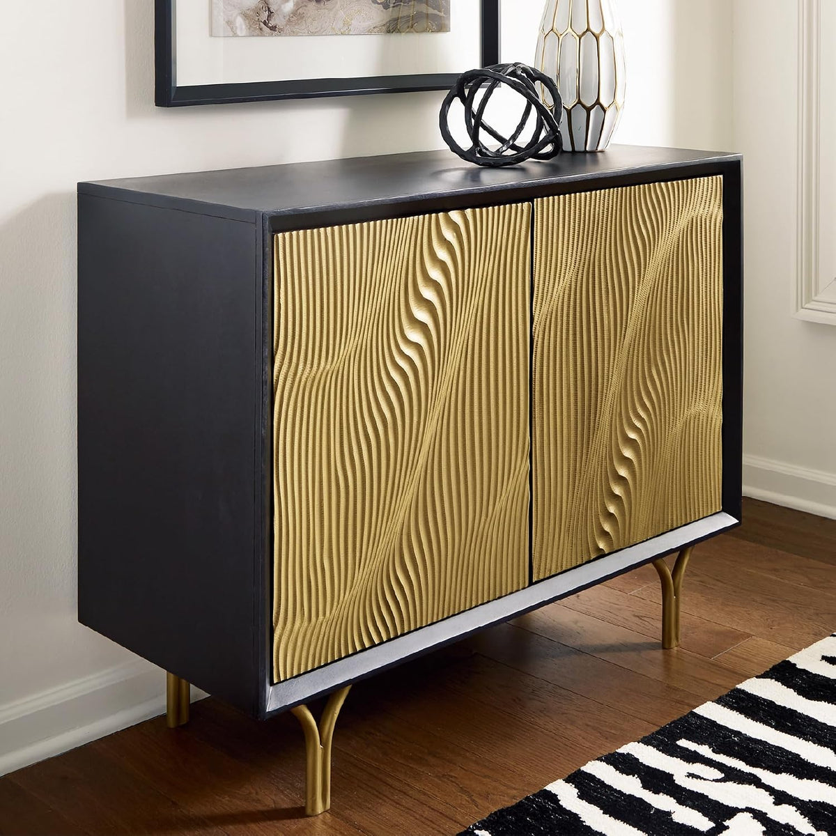 Signature Design by Ashley Tayner Contemporary Accent Cabinet with 2 Doors and 1 Shelf, Black & Metallic