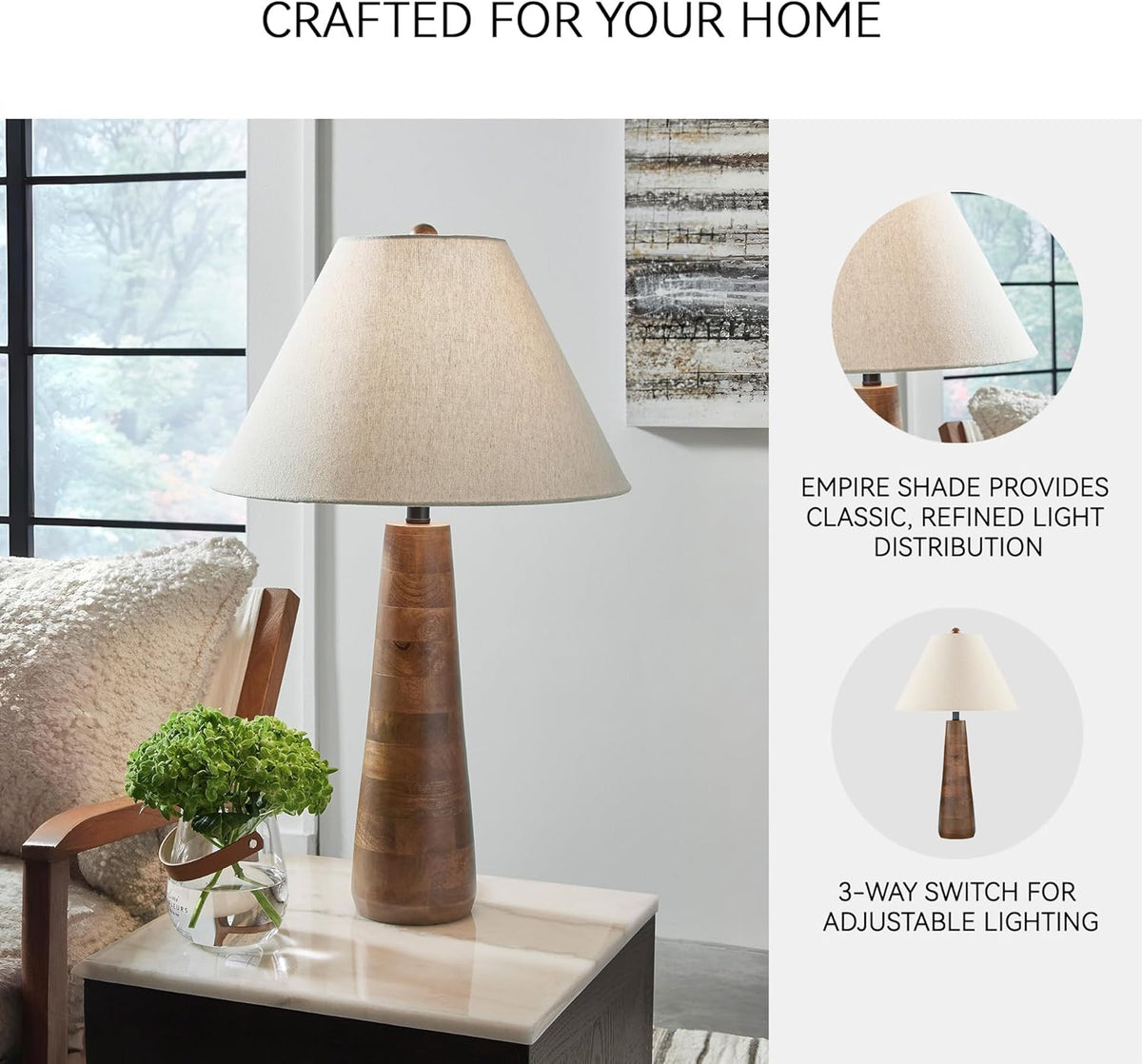 Signature Design by Ashley Danset 30" Tall Table Lamp, Honey Brown | Honey brown base crafted from wood products and other materials, Cotton empire hardback fabric shade, 3-way rotary switch