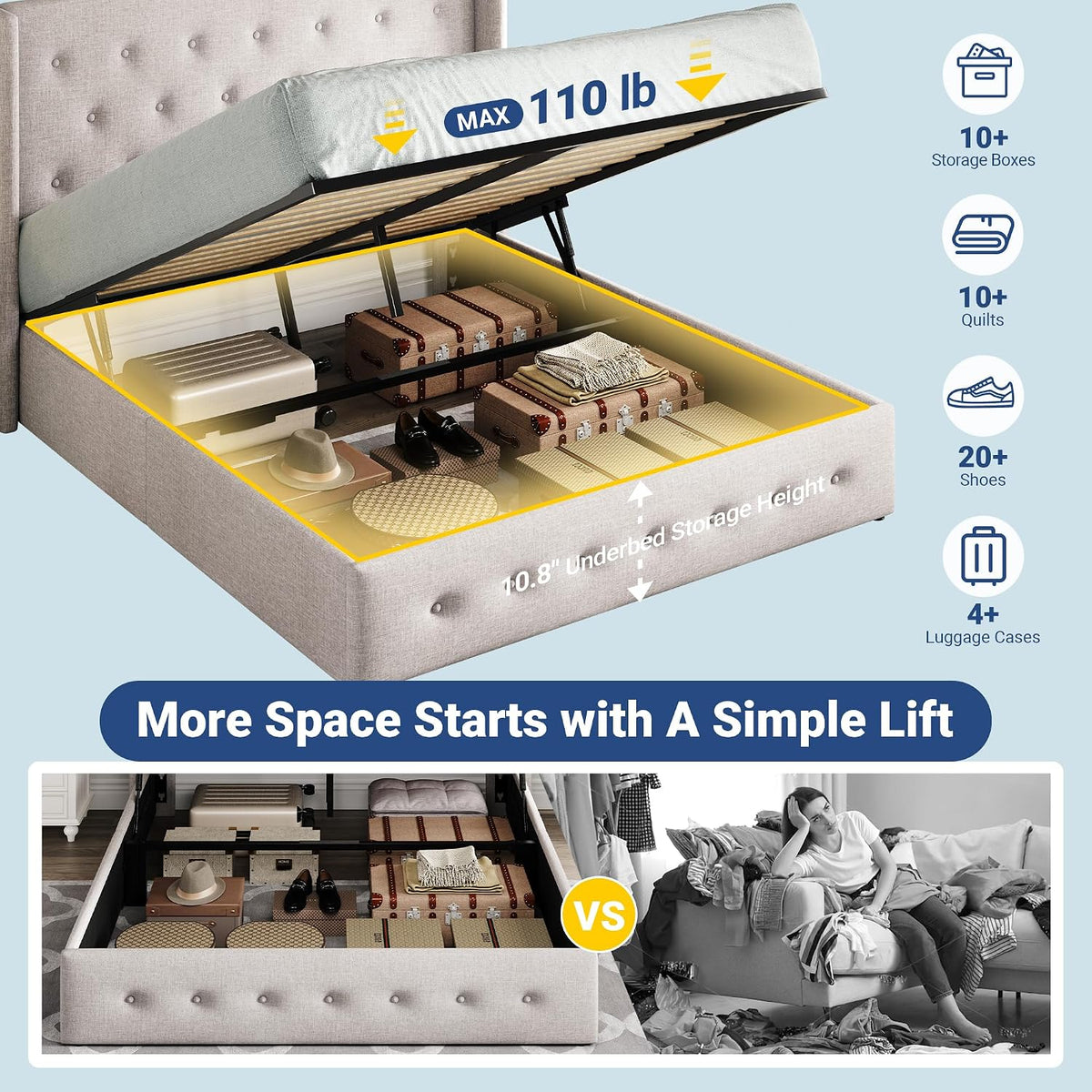Allewie Queen Size Lift Up Storage Button-Tufted Bed Frame Light Beige
