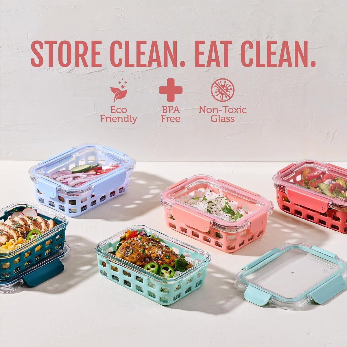 Ello Duraglass 3.4 Cup Glass Meal Prep Containers, 10 Pc, 5 Pack, Melon
