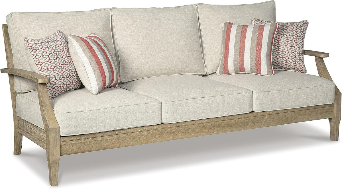 Signature Design by Ashley Clare View 1-Piece Eucalyptus Outdoor Sofa | Weather-shielded 5-step eucalyptus finish, Stain-resistant Nuvella fabric, Deep-seated 3-person frame with 4 accent pillows