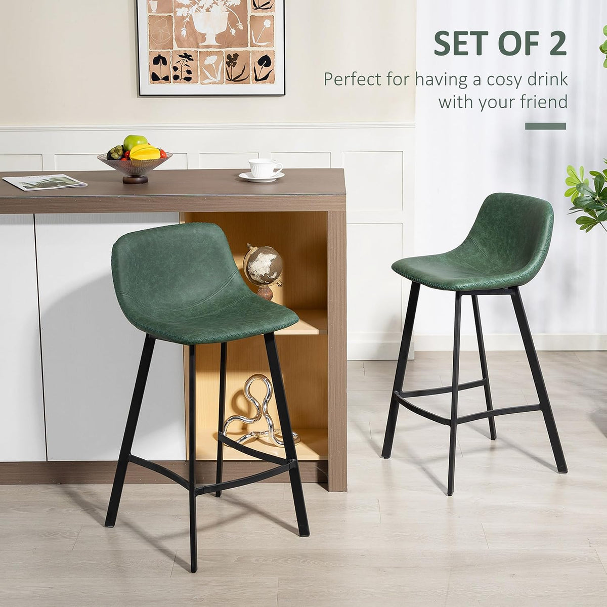 HOMCOM Bar Stools Set of 2 PU Leather Upholstery with Backrest Green