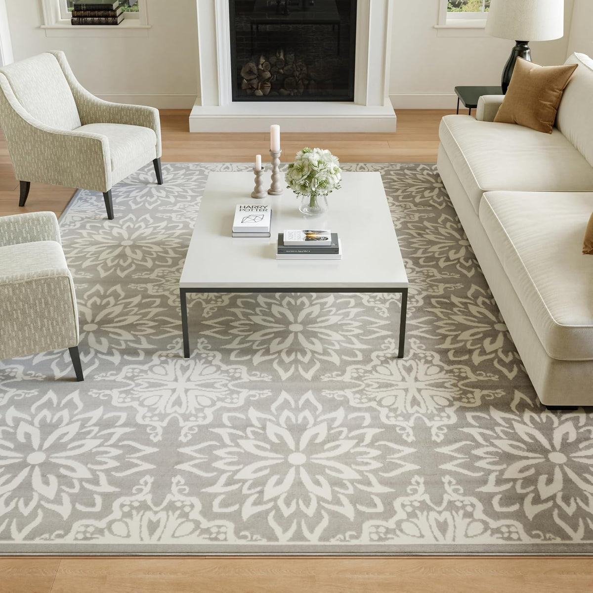 Nourison Home Jubilant Floral Ivory/Grey 7' x 10' Area-Rug, Easy-Cleaning, Non Shedding, Bed Room, Living Room, Dining Room, Kitchen (7x10)