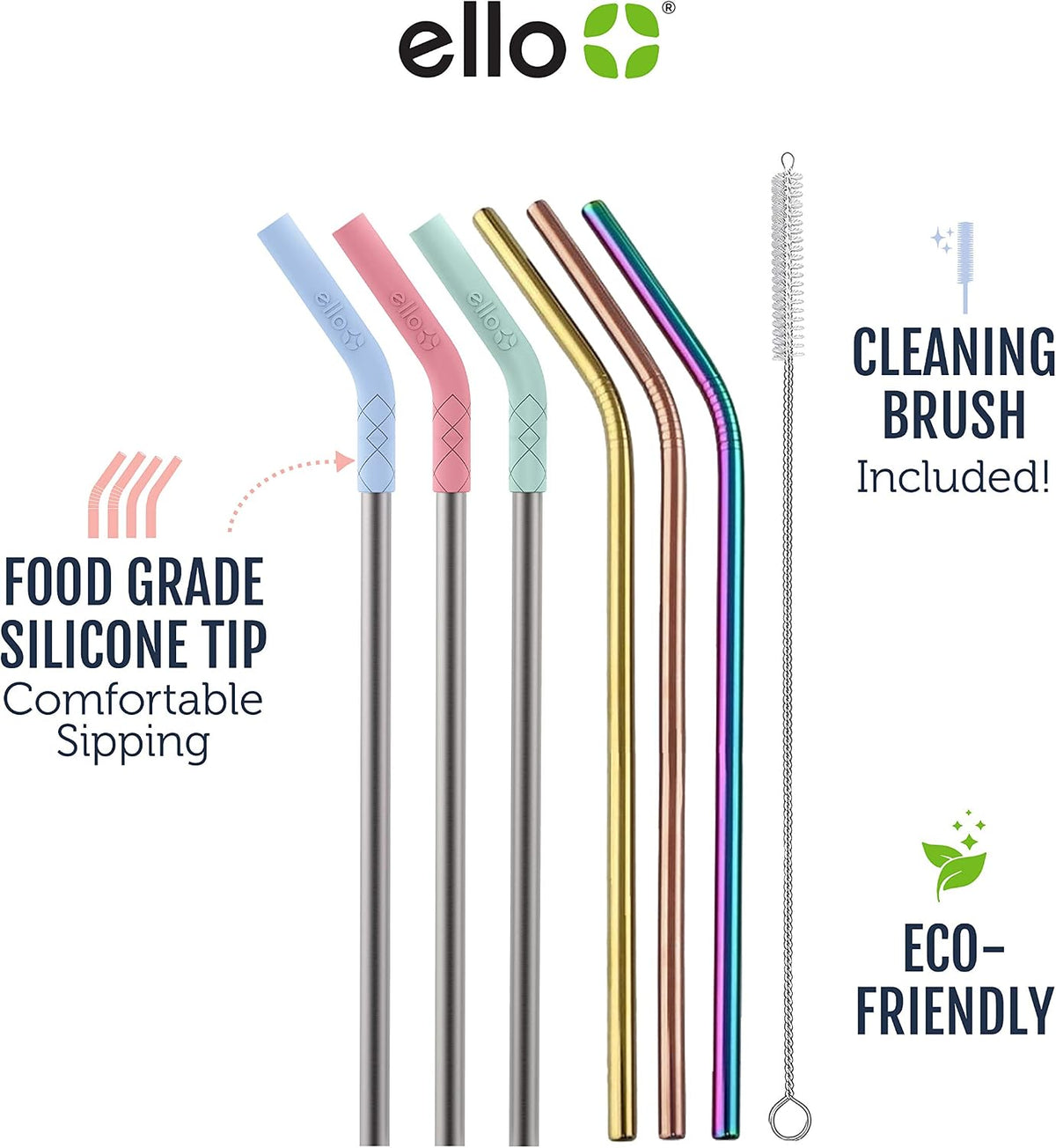 Ello Impact 6 Pack Reusable Metal Straws with Silicone Tips Made from Stainless Steel, Dishwasher Safe, BPA-Freewith Cleaning Brush, Summer Glow