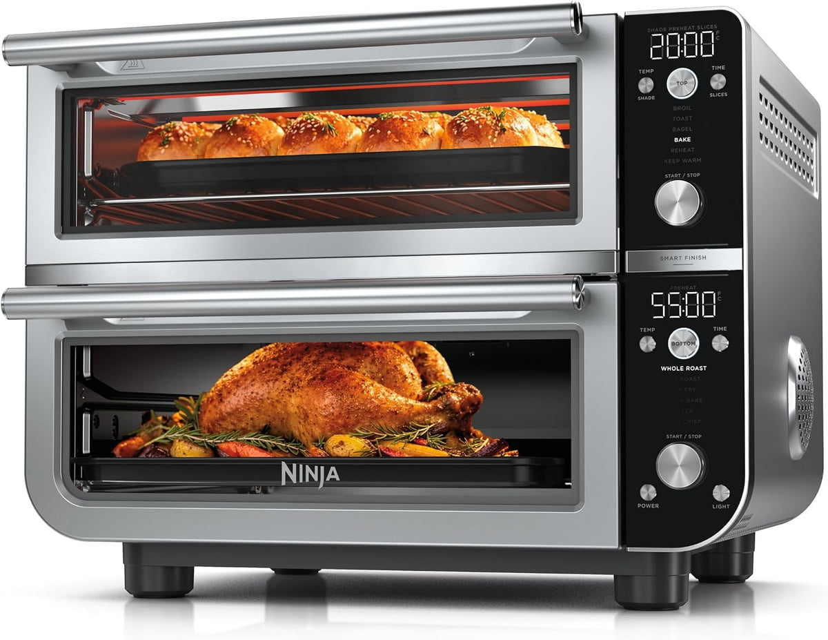 Ninja Double Oven Pro Smart XL, 30.2 Qt, 12-in-1, Stainless Steel, DCT801 | DualZone, Smart Finish, Fits 4.5 lb chicken, Air fry, bake, broil, roast, toast, pizza