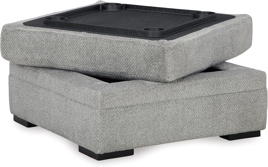 Signature Design by Ashley Square Ottoman with Storage and Cup Holders | Cement gray 100% polyester velvet, No assembly required, Faux wood legs, Casselbury Series