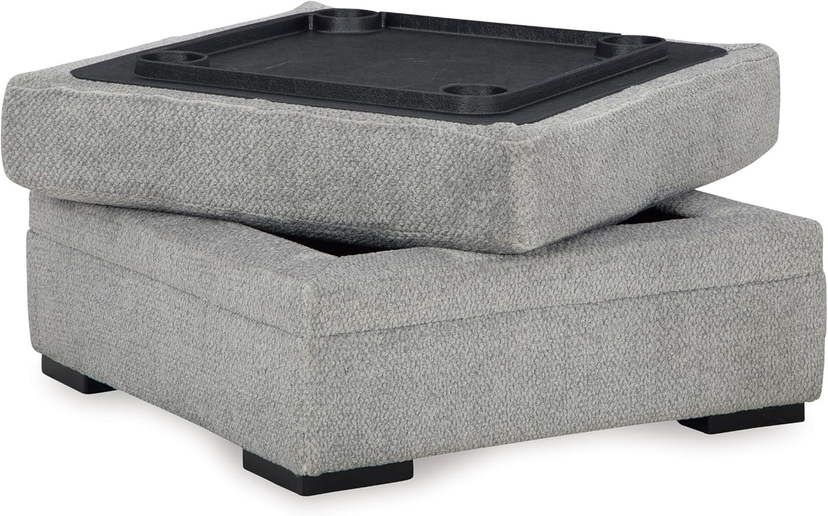 Signature Design by Ashley Square Ottoman with Storage and Cup Holders | Cement gray 100% polyester velvet, No assembly required, Faux wood legs, Casselbury Series
