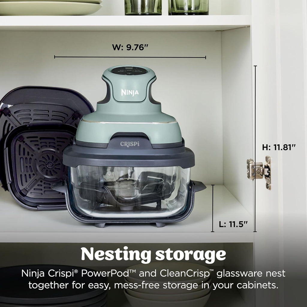 Ninja Crispi Glass Air Fryer, 4-in-1, Green, FN101SG | Max crisp, bake, air fry, recrisp, 450F max, 4 Qt and 6 Cup containers, PFAS-free glass