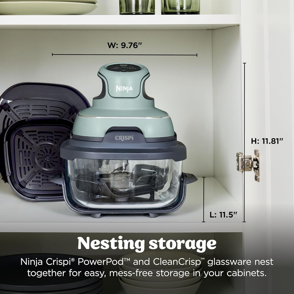 Ninja Crispi Glass Air Fryer, 4-in-1, Green, FN101SG | Max crisp, bake, air fry, recrisp, 450F max, 4 Qt and 6 Cup containers, PFAS-free glass