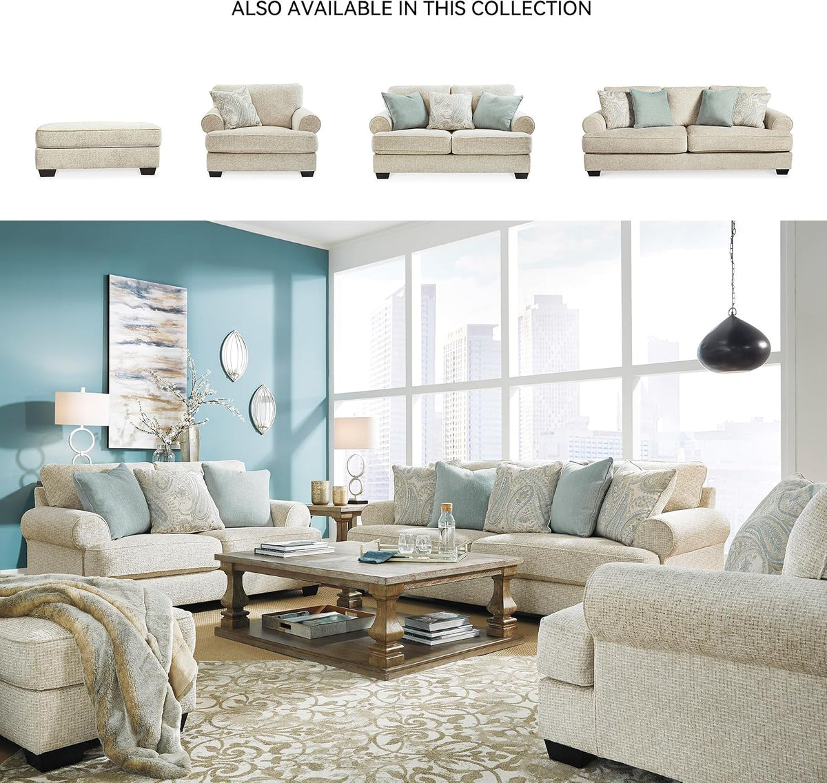 Signature Design by Ashley Rectangular Ottoman, Sandstone Beige | Firmly cushioned 100% polyester chenille fabric, Generous 44-inch scale for coffee table or lounge use, Monaghan Series