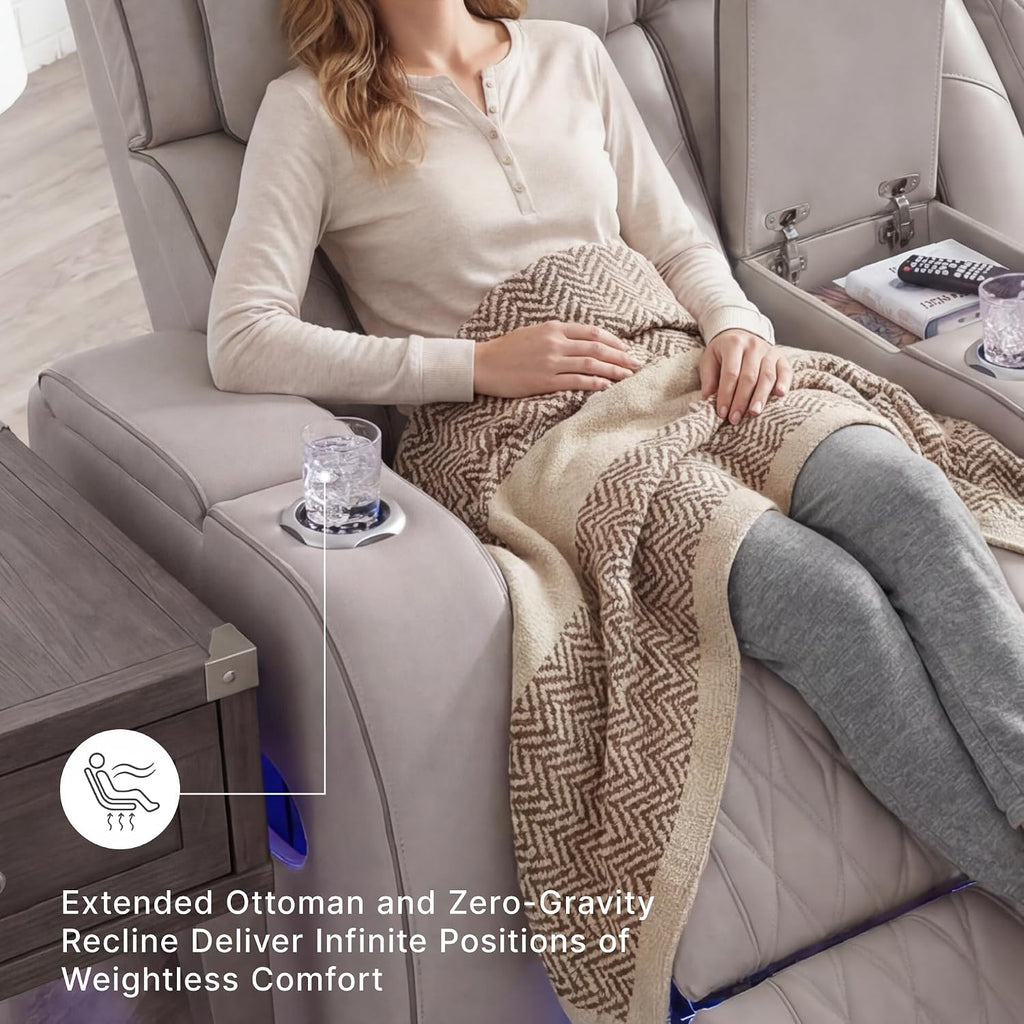 Signature Design by Ashley Power Reclining Loveseat with Console, Gray | Heated air massage seats, Top grain leather faux leather combination, Zero gravity recline, Home theater seating, Boyington
