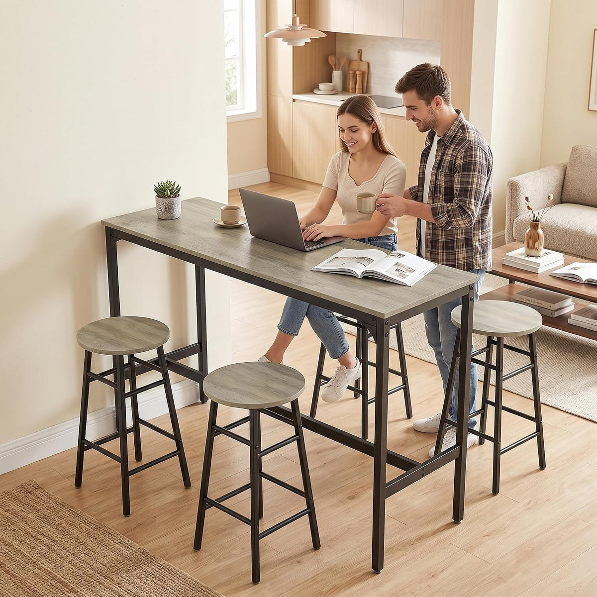 HOMCOM 5 Piece Bar Table Set w/ 4 Stools for Small Space, Grey Wood Effect