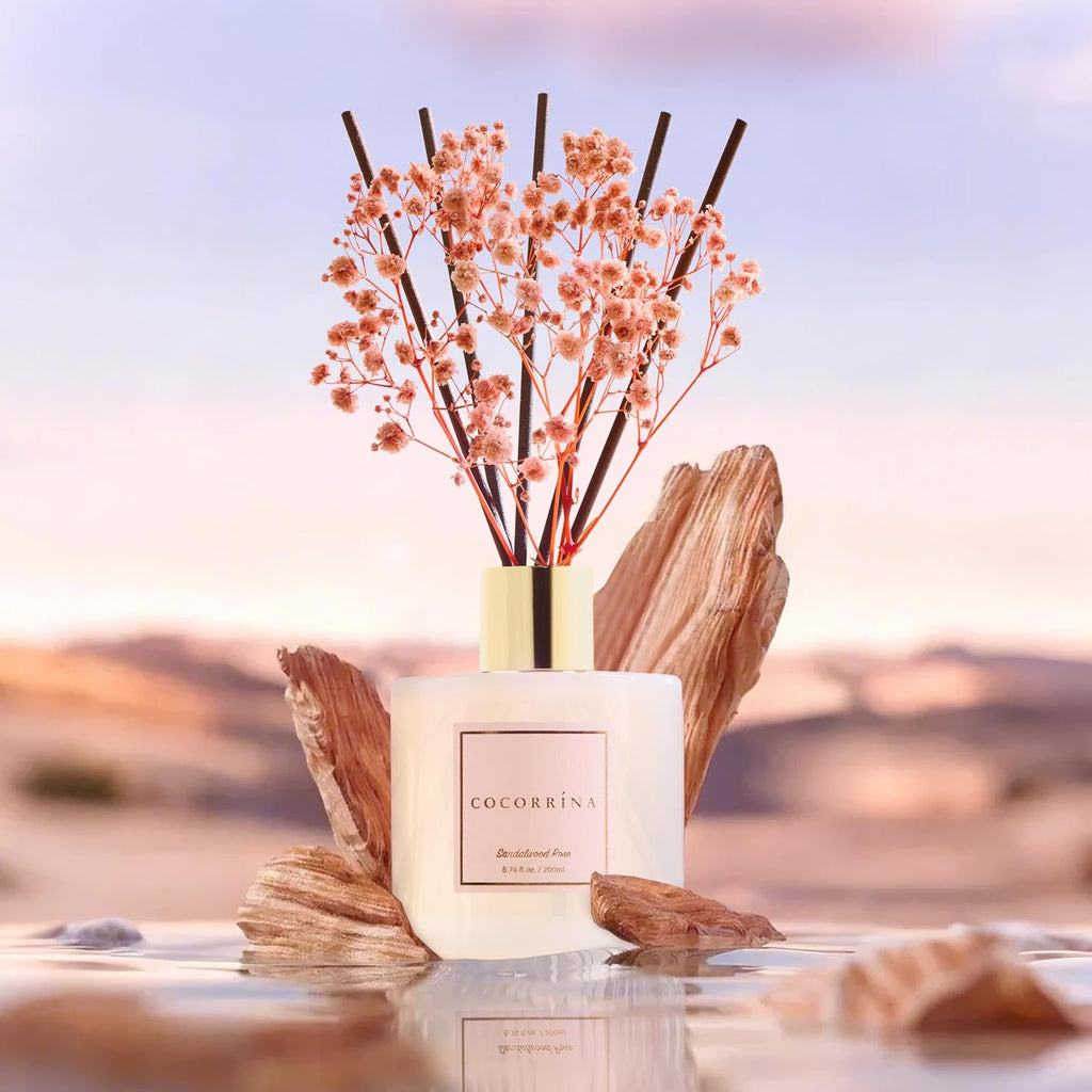 Cocorrína Premium Reed Diffuser Set with Preserved Baby's Breath & Cotton Stick Sandalwood Rose | 6.7oz Scent Fragrance Oil Diffuser for Bedroom Bathroom Home Décor