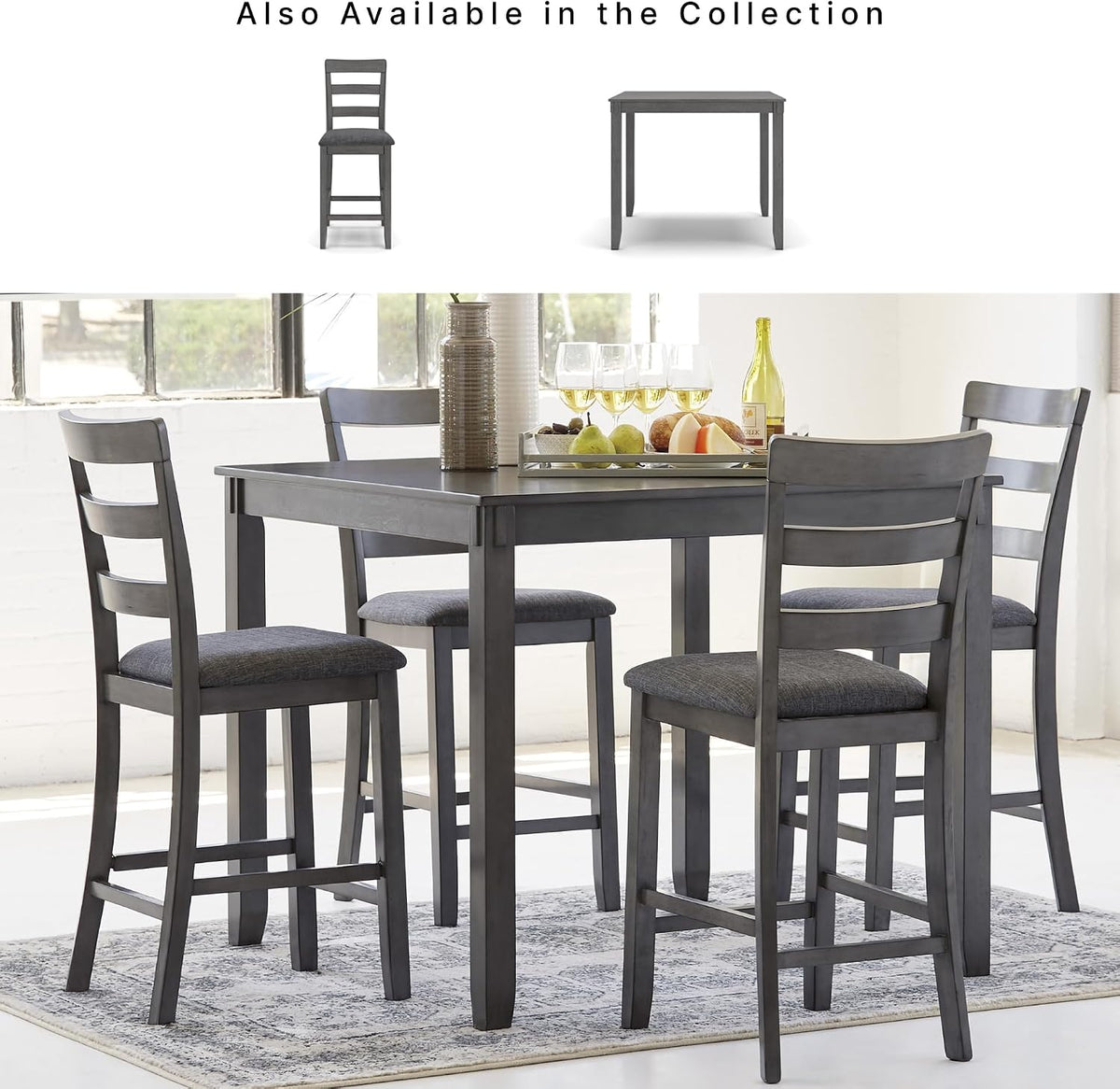 Signature Design by Ashley 5-Piece Square Counter Height Dining Set, Gray | Textured gray polyester fabric with wood, veneer and engineered wood, Small kitchen table for 4, Bridson Series