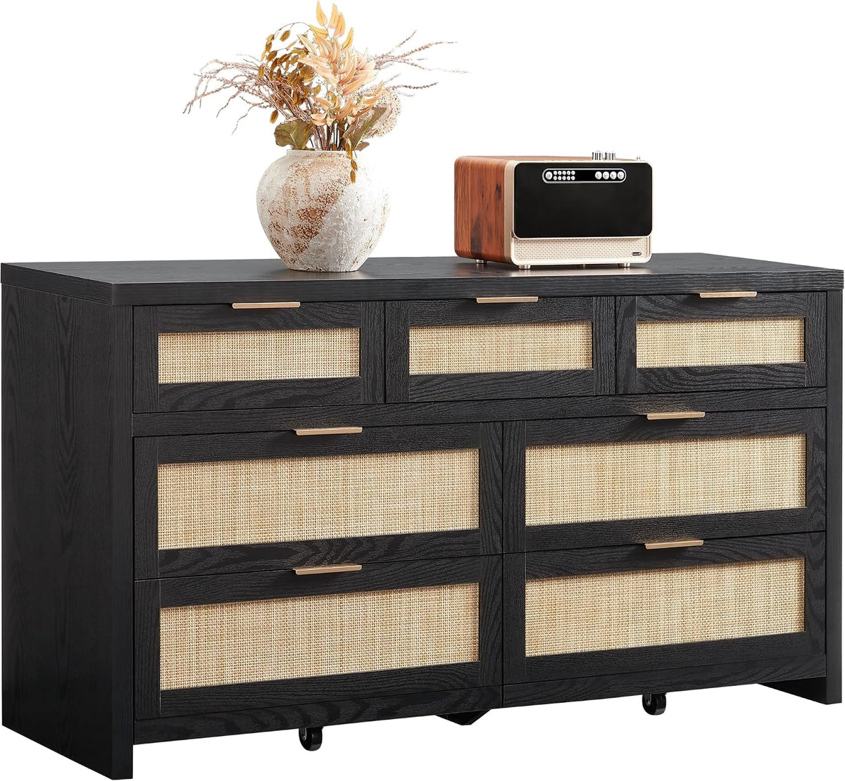 SICOTAS 7 Drawer Rattan Dresser for Bedroom, 57" Wide Dresser