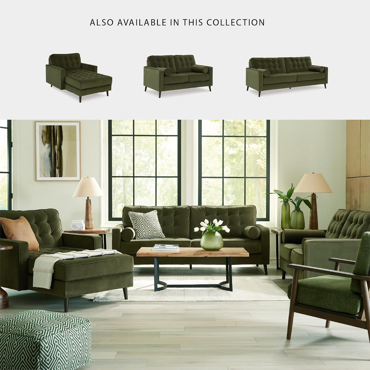 Signature Design by Ashley Loveseat, Olive Green Velvet, Reveon Lakes | Small loveseat for condo spaces, Olive green velvet upholstery, Anti-sag platform foundation, No assembly required